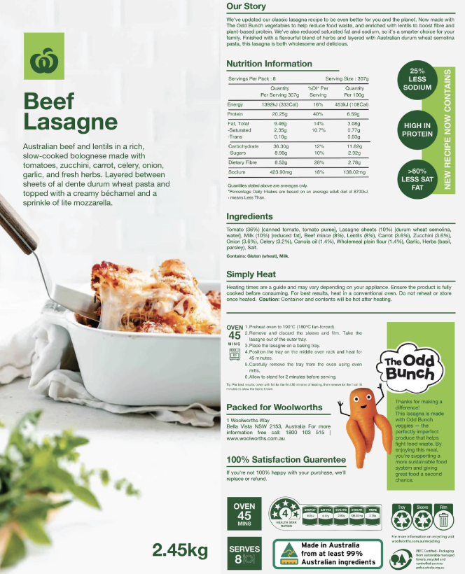 Woolworths lasagne redesign panels and packaging mockups