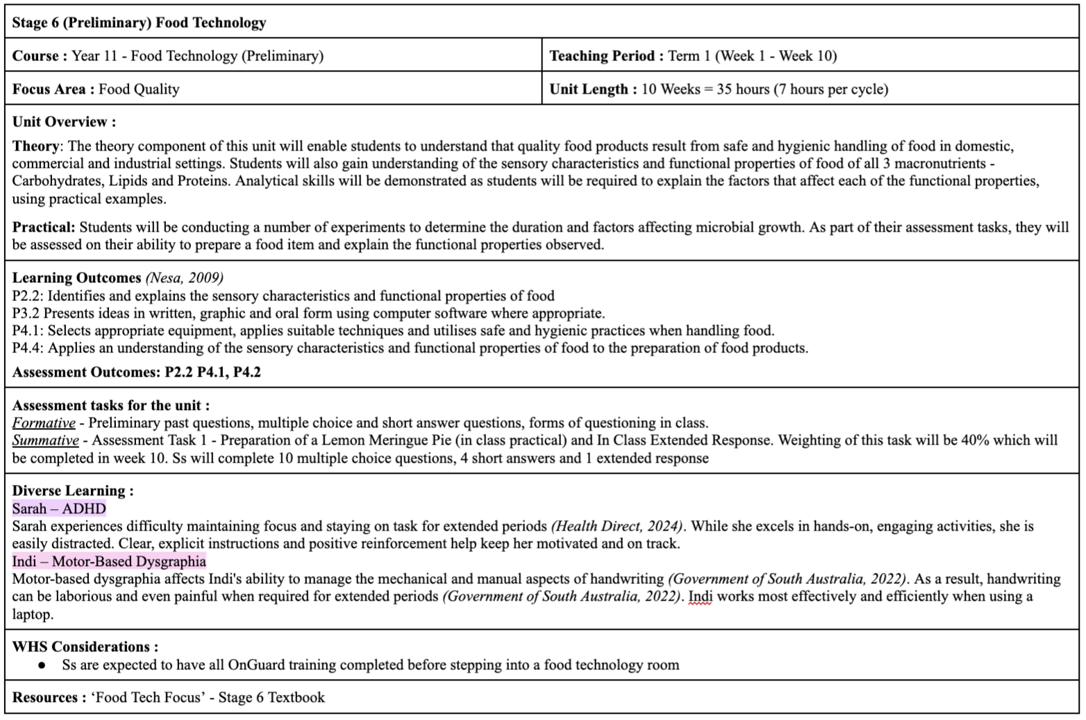 Preview of Stage 4 Food Technology Unit